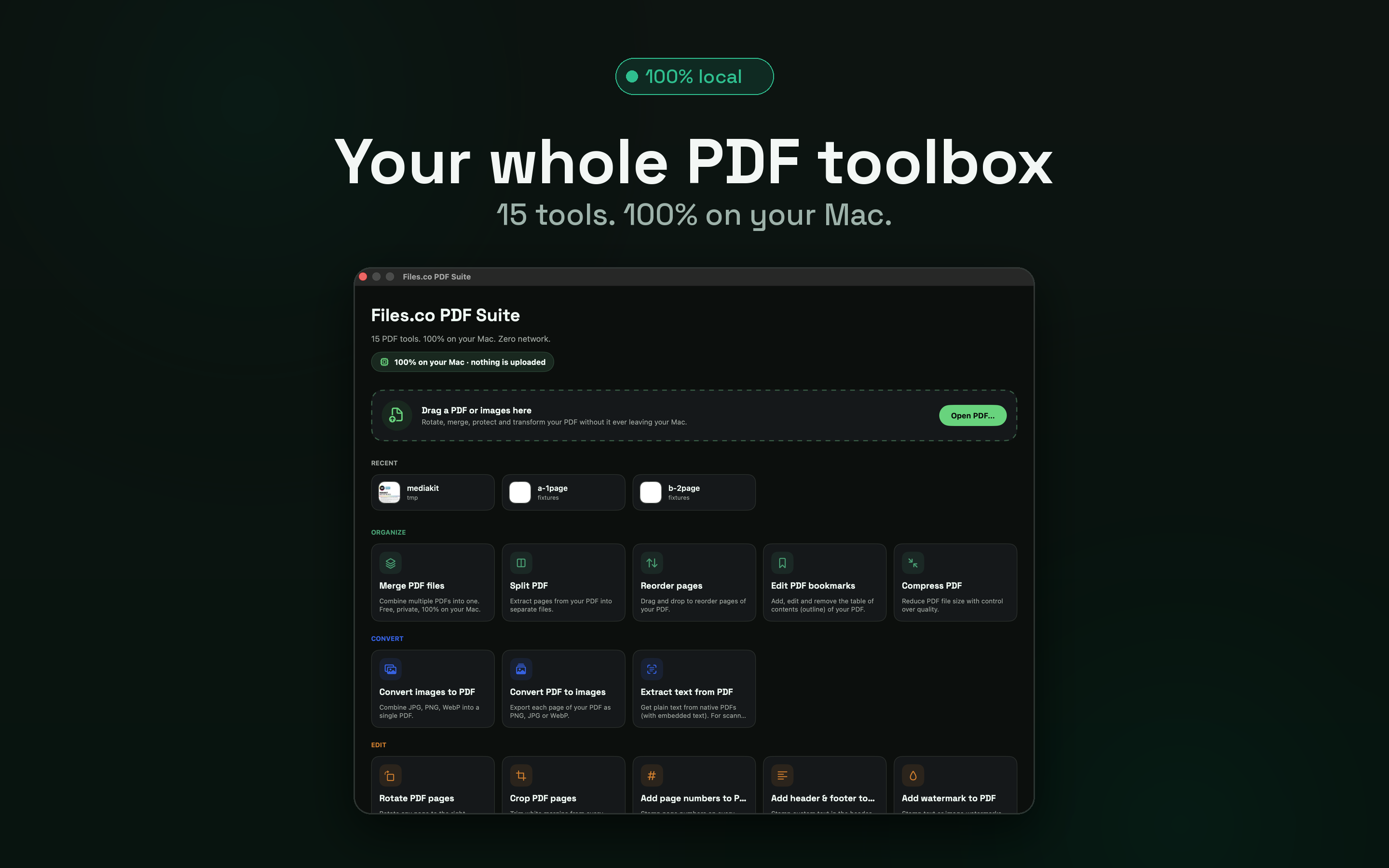 Home screen — all 15 tools one click away.