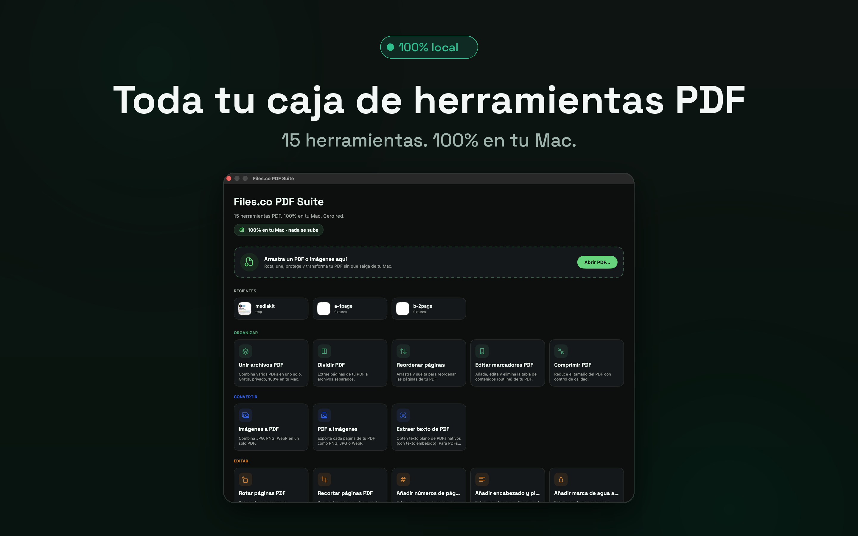 Pantalla de inicio — las 15 herramientas en un clic.