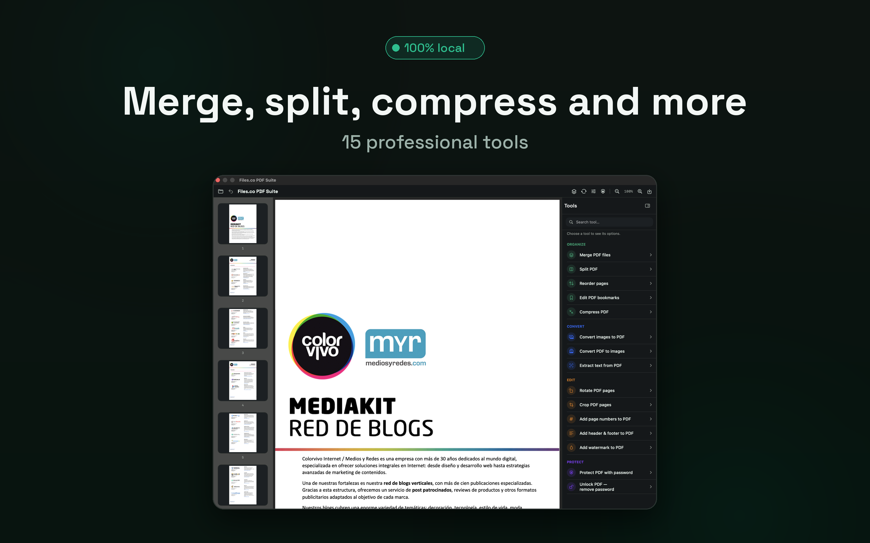 The viewer with a PDF open, thumbnails and the tools panel.