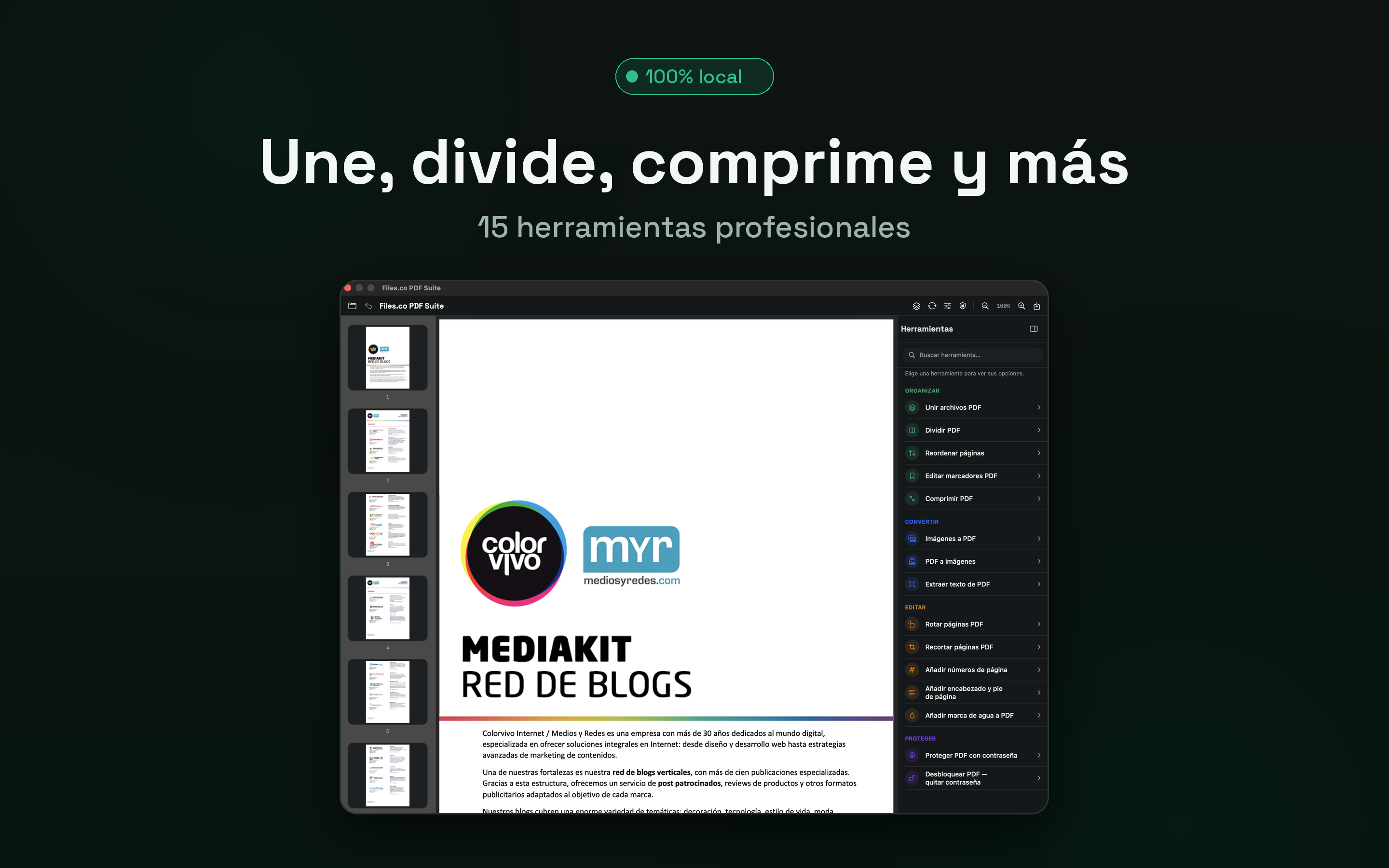 Visor con un PDF abierto, miniaturas y el panel de herramientas.